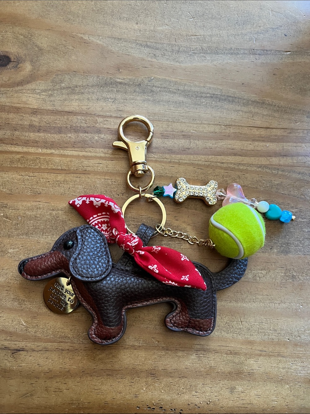 Piper K Dachshund Leather Key & Bag Charm with Red Bandana, Lime Tennis Ball